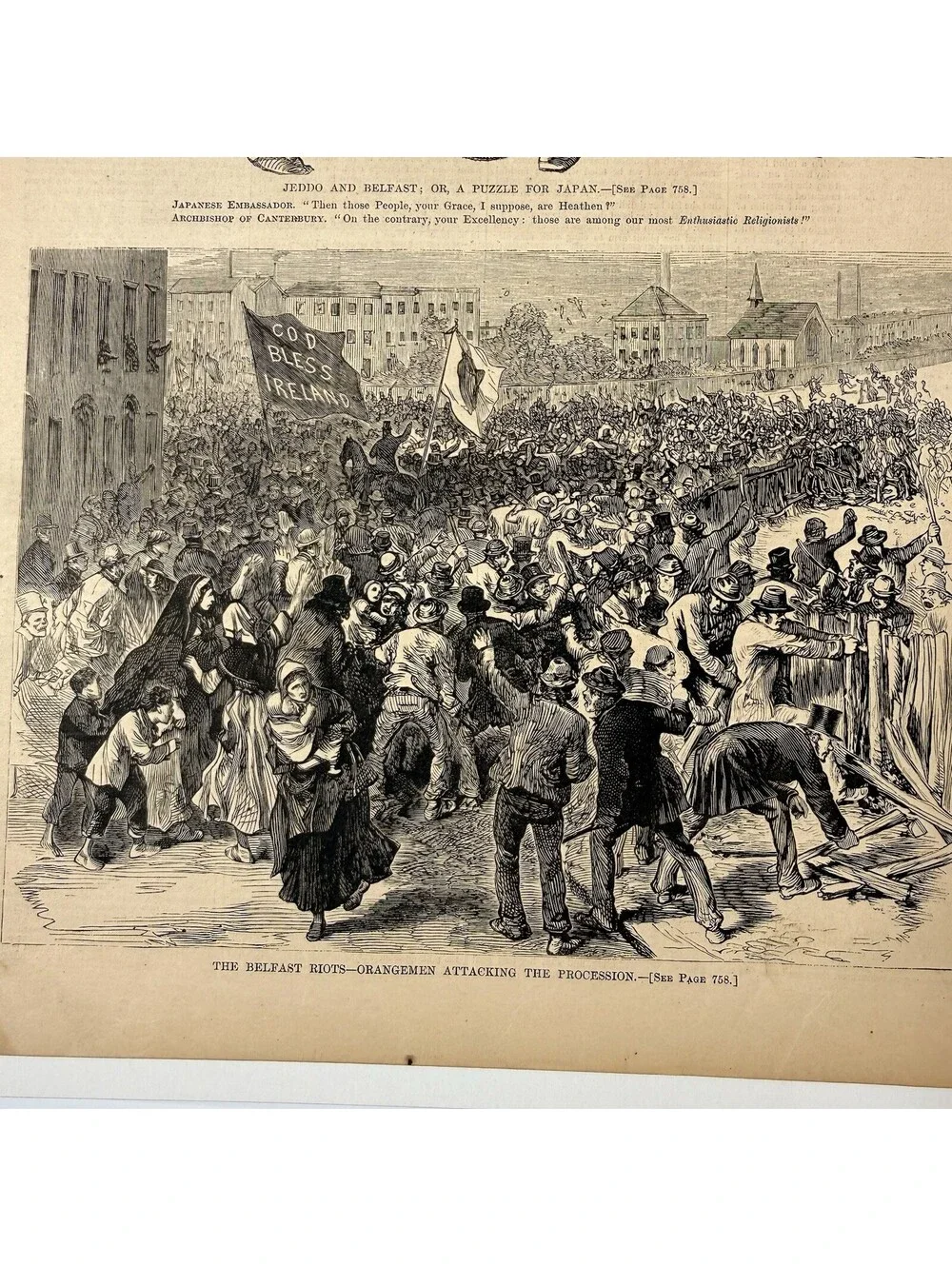 1872 Harper’s Weekly Belfast Riots Orangemen Ireland Political Print